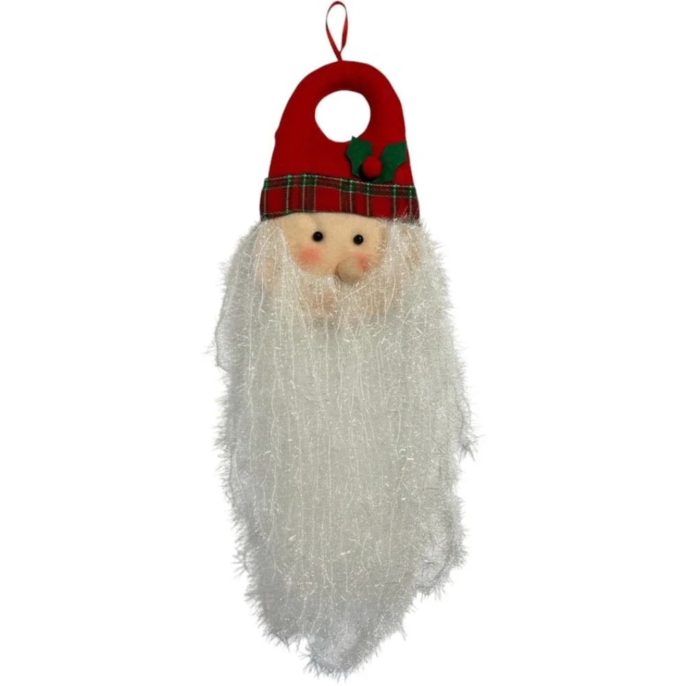 Santa Claus Door Hanger Long Shimmer Tinsel Beard Red Plaid Hat 21